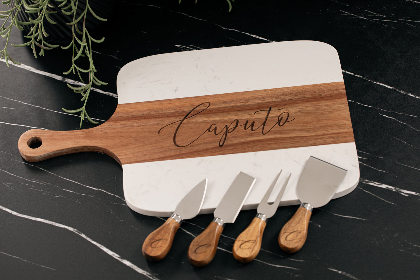 Personalized Marble and Acacia Charcuterie Board with Utensils