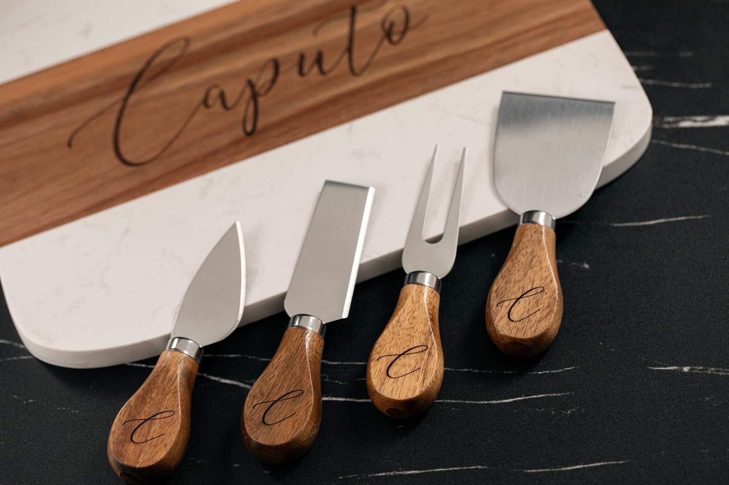 Personalized Marble and Acacia Charcuterie Board with Utensils