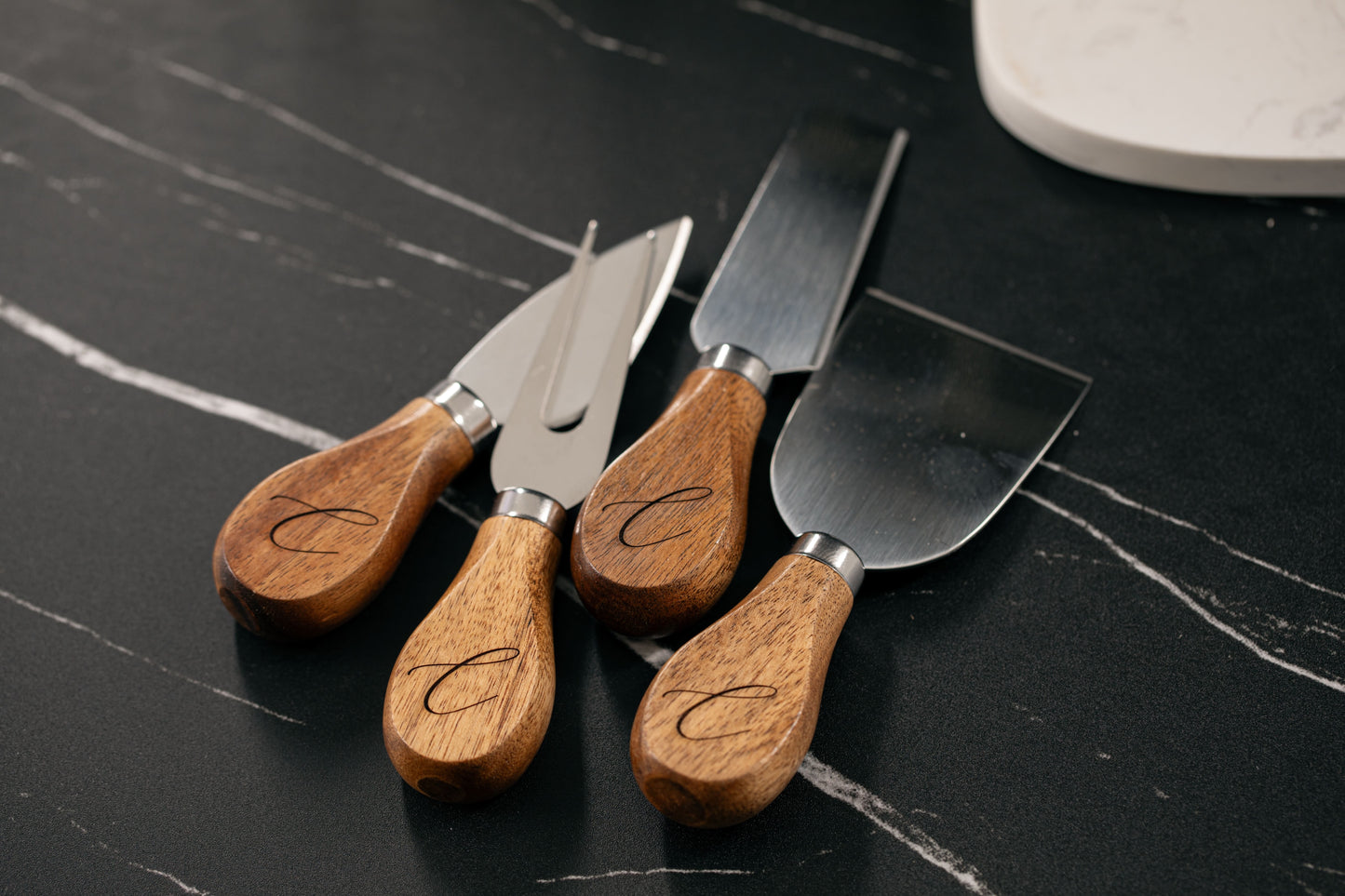 Personalized Marble and Acacia Charcuterie Board with Utensils