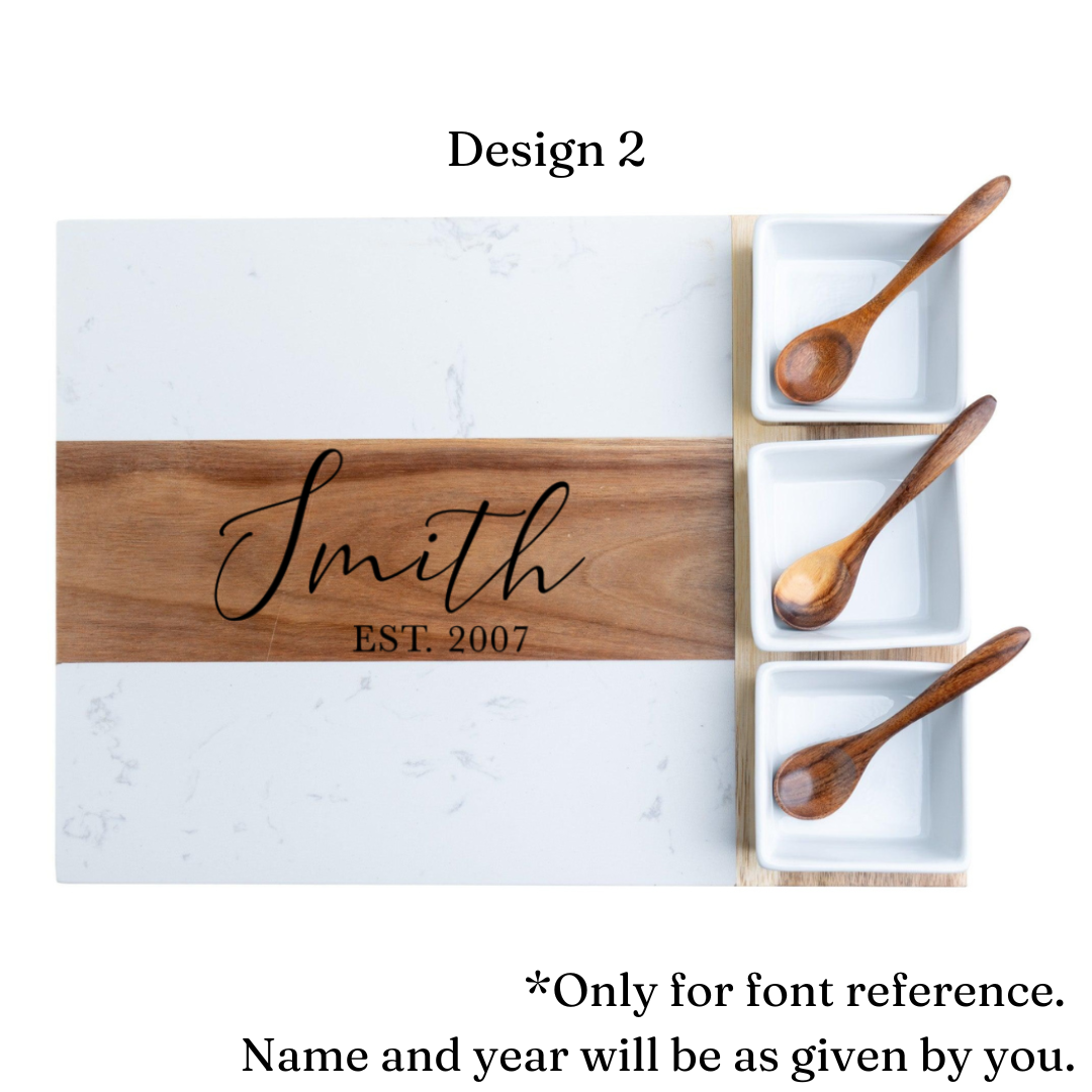 Personalized Marble and Acacia Charcuterie Board with Utensils & Ramekins