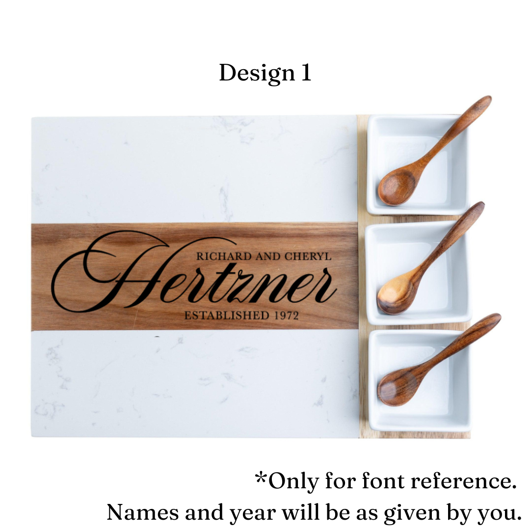 Personalized Marble and Acacia Charcuterie Board with Utensils & Ramekins