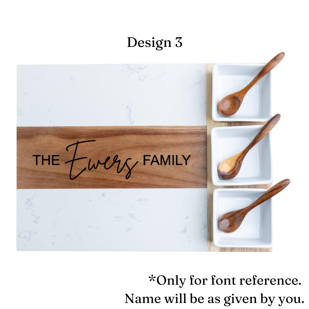 Personalized Marble and Acacia Charcuterie Board with Utensils & Ramekins