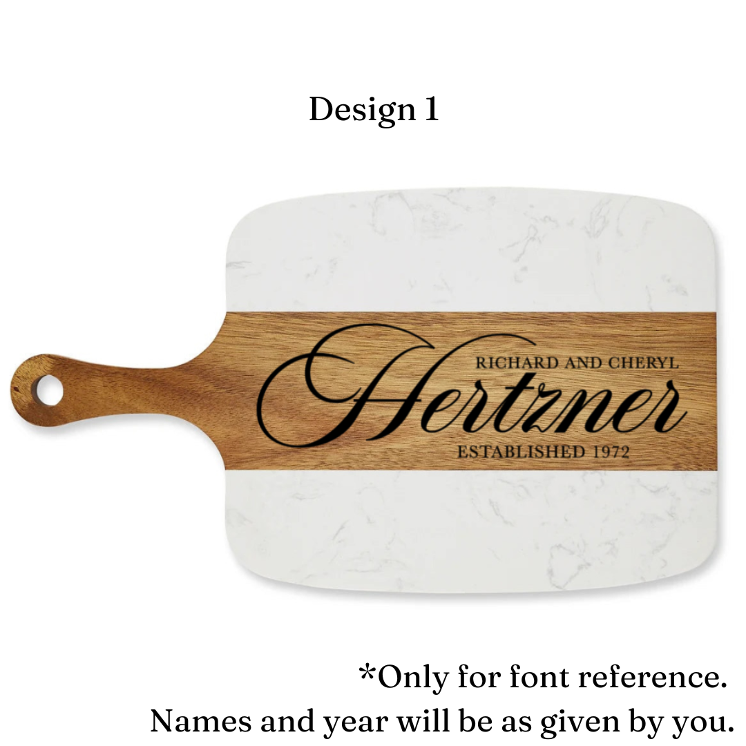 Personalized Marble and Acacia Charcuterie Board with Utensils