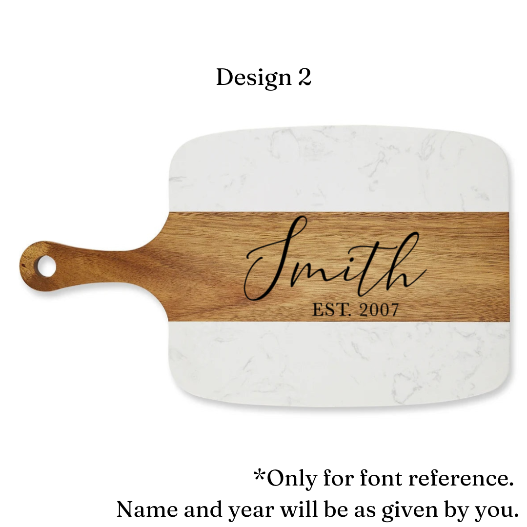 Personalized Marble and Acacia Charcuterie Board with Utensils