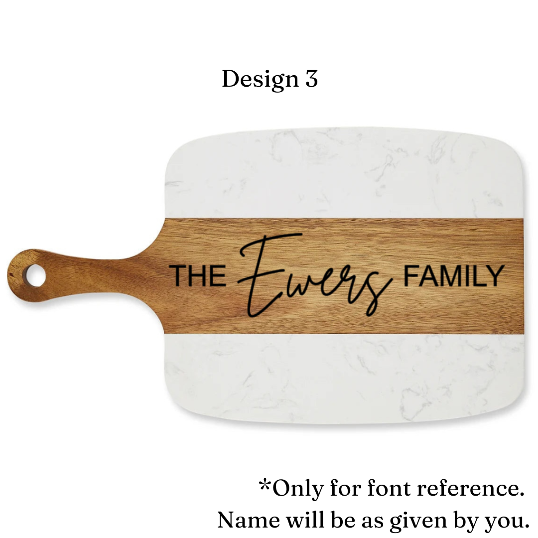 Personalized Marble and Acacia Charcuterie Board with Utensils