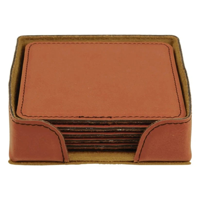 Set of brown leather coasters in a matching holder on a white background