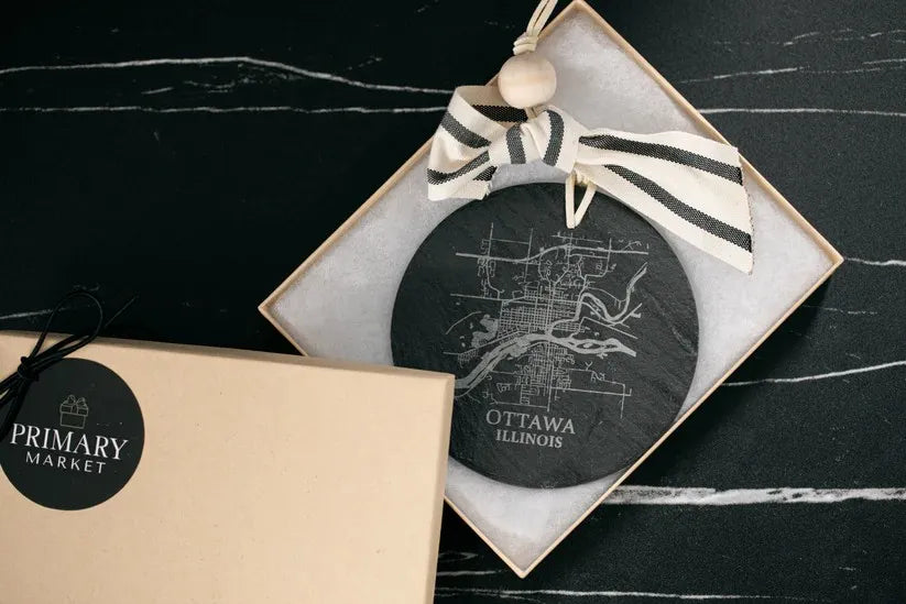 Ornament with Ottawa, Illinois map design in a box with 'Primary Market' label.