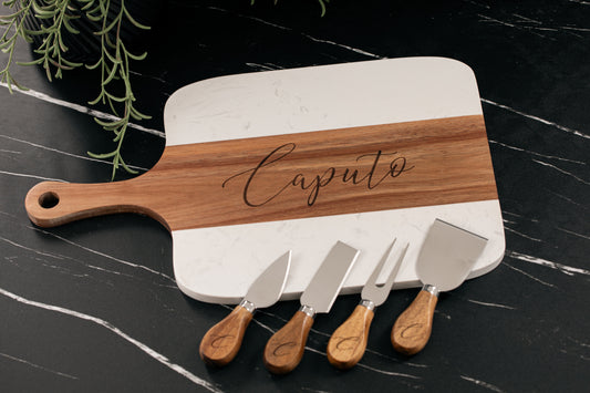 Personalized Marble and Acacia Charcuterie Board with Utensils