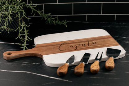Personalized Marble and Acacia Charcuterie Board with Utensils