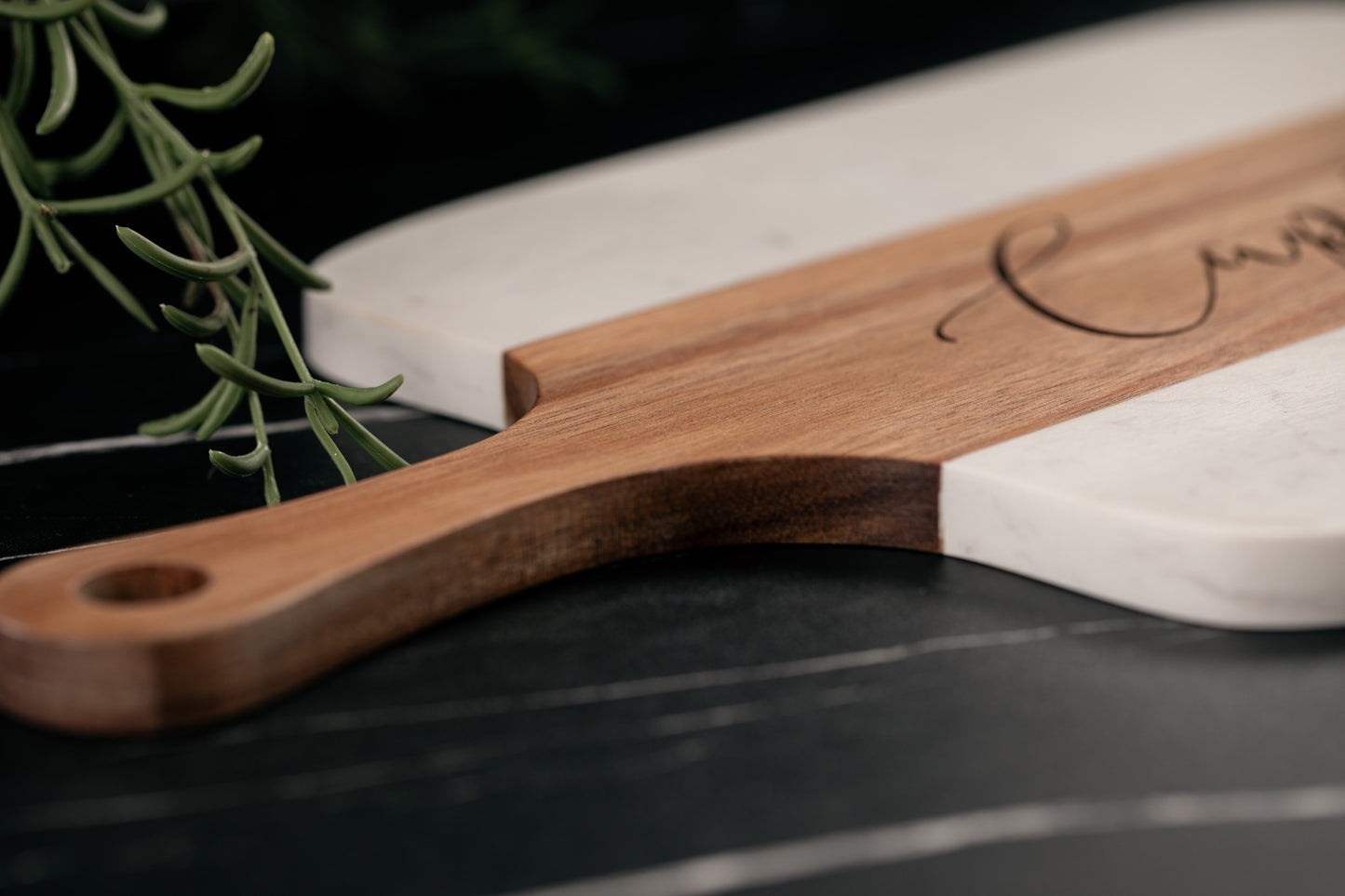 Personalized Marble and Acacia Charcuterie Board with Utensils