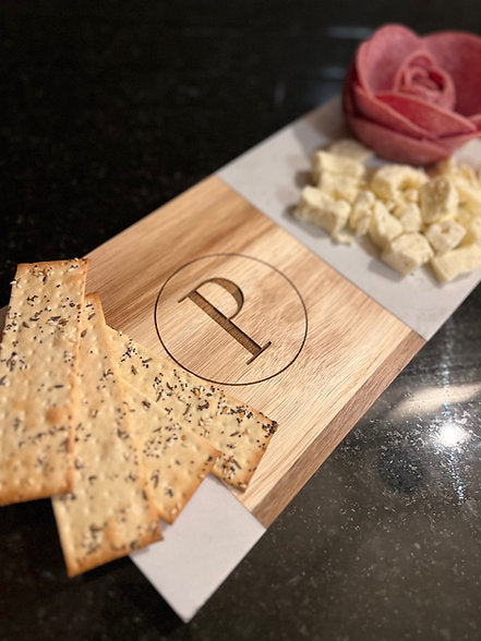 Rectangle marble and Acacia Board- Circular Monogram