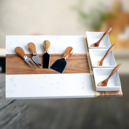 Personalized Marble and Acacia Charcuterie Board with Utensils & Ramekins