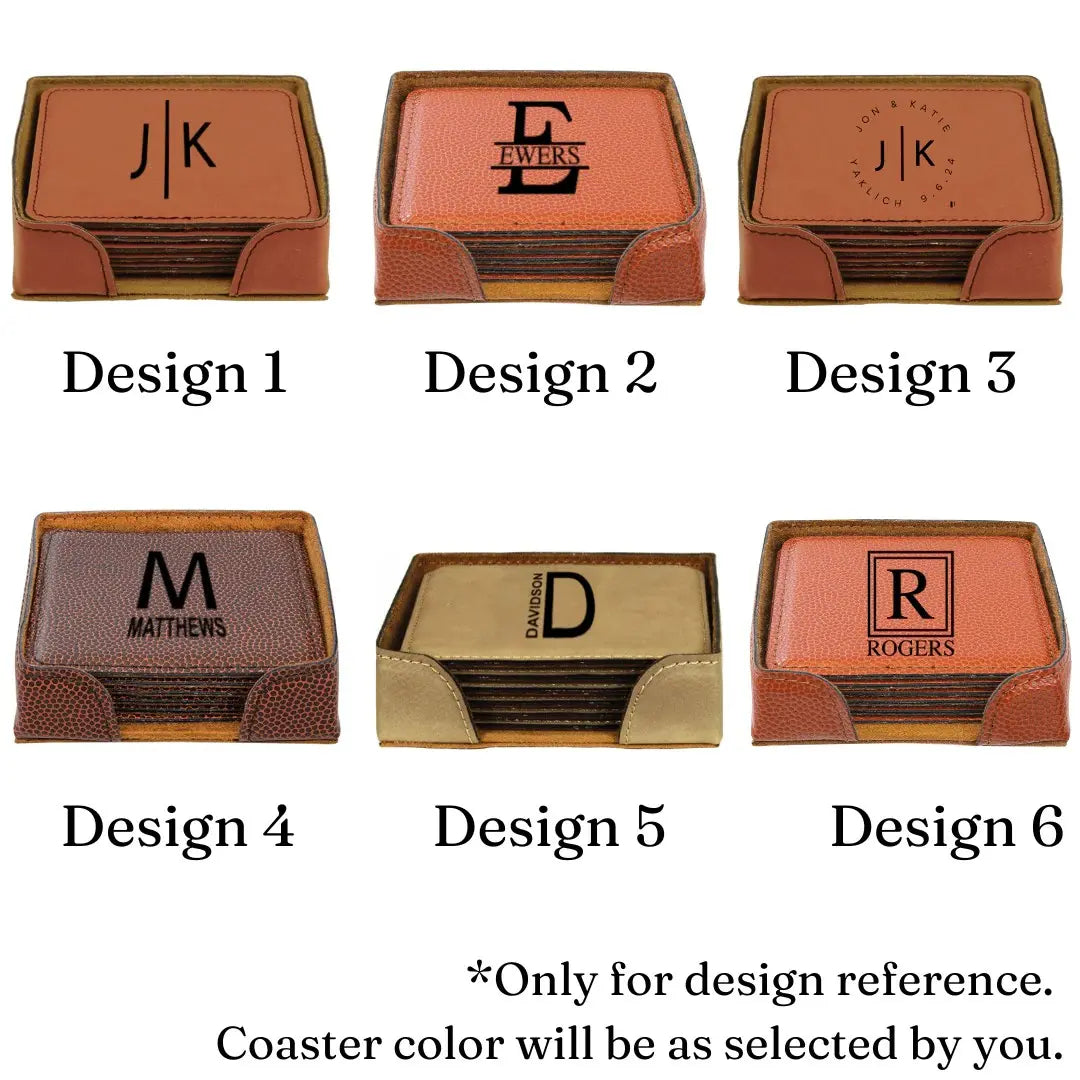 Six different designs of coasters with monogrammed initials on a white background.