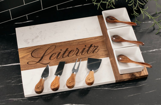 Personalized Marble and Acacia Charcuterie Board with Utensils & Ramekins