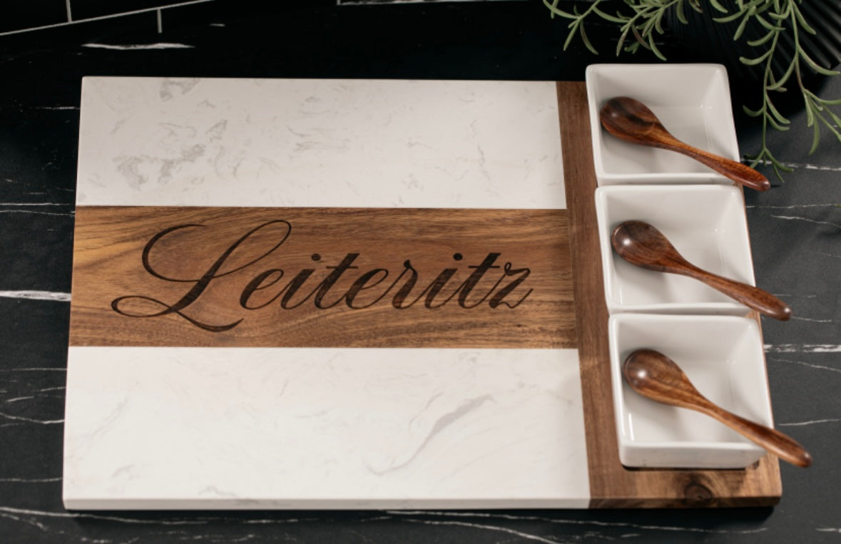 Personalized Marble and Acacia Charcuterie Board with Utensils & Ramekins