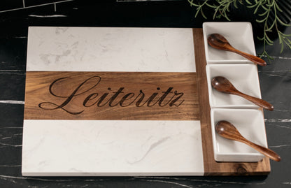 Personalized Marble and Acacia Charcuterie Board with Utensils & Ramekins