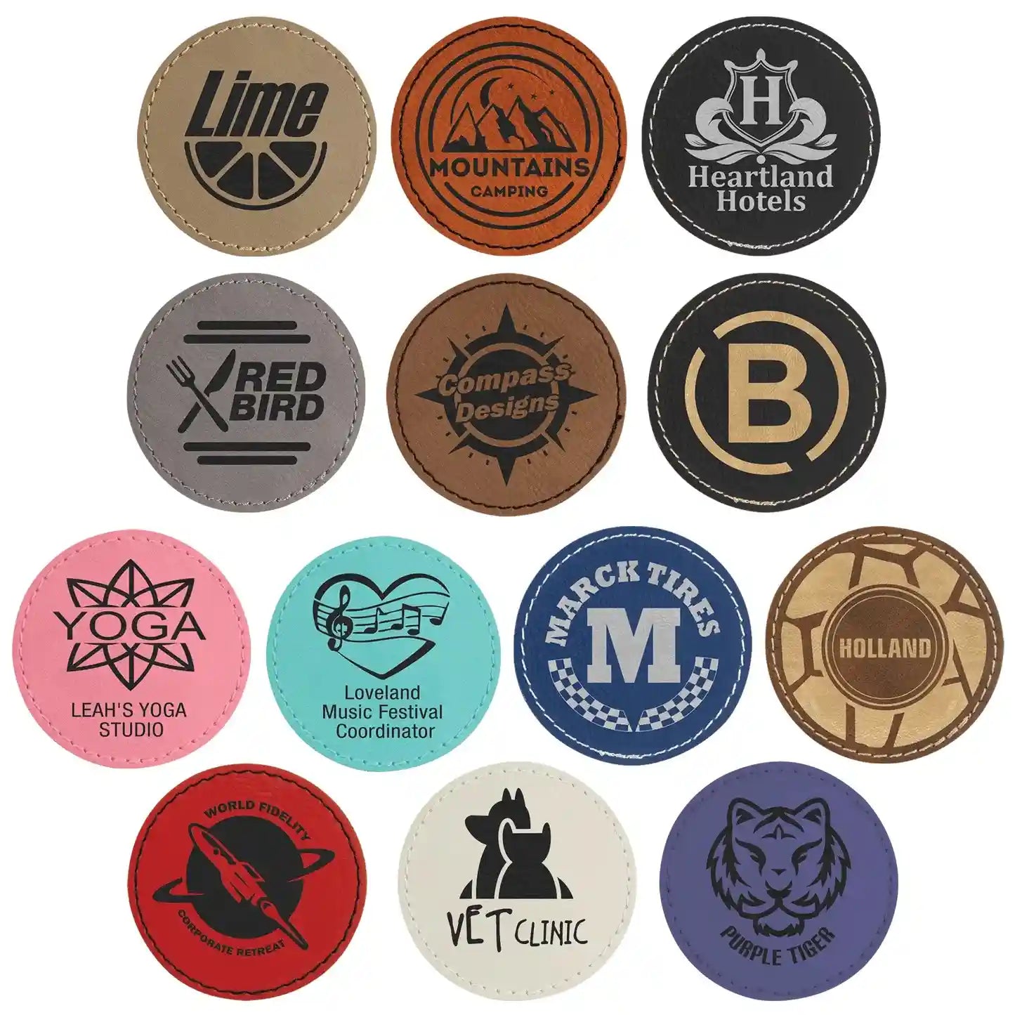 Collection of branded round coasters with various logos and text on a white background