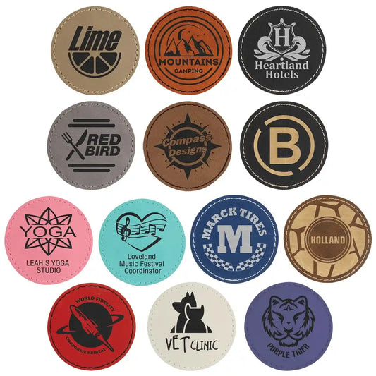 Collection of branded round coasters with various logos and text on a white background