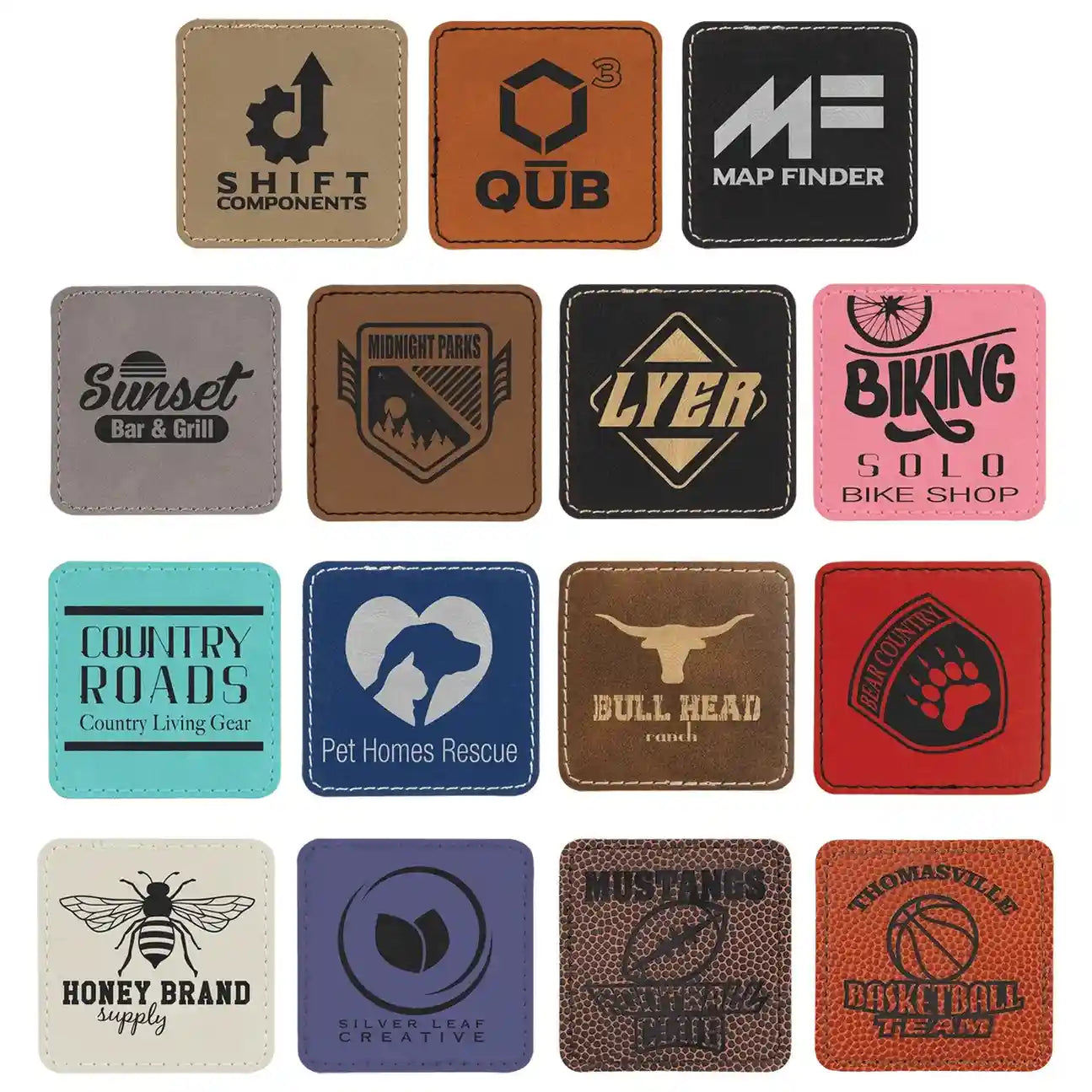 Collection of branded leather patches with various designs and text on a white background