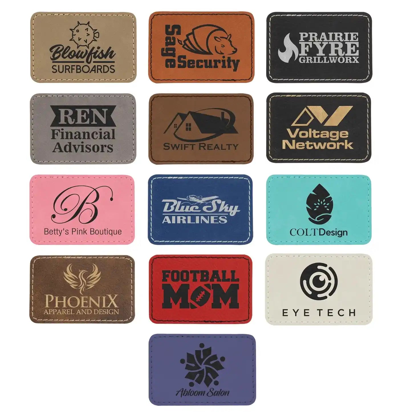 Collection of various branded leather patches on a white background