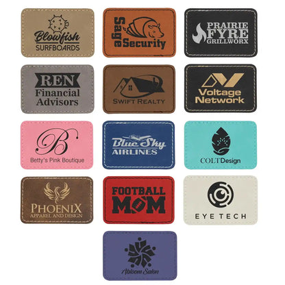 Collection of various branded leather patches on a white background