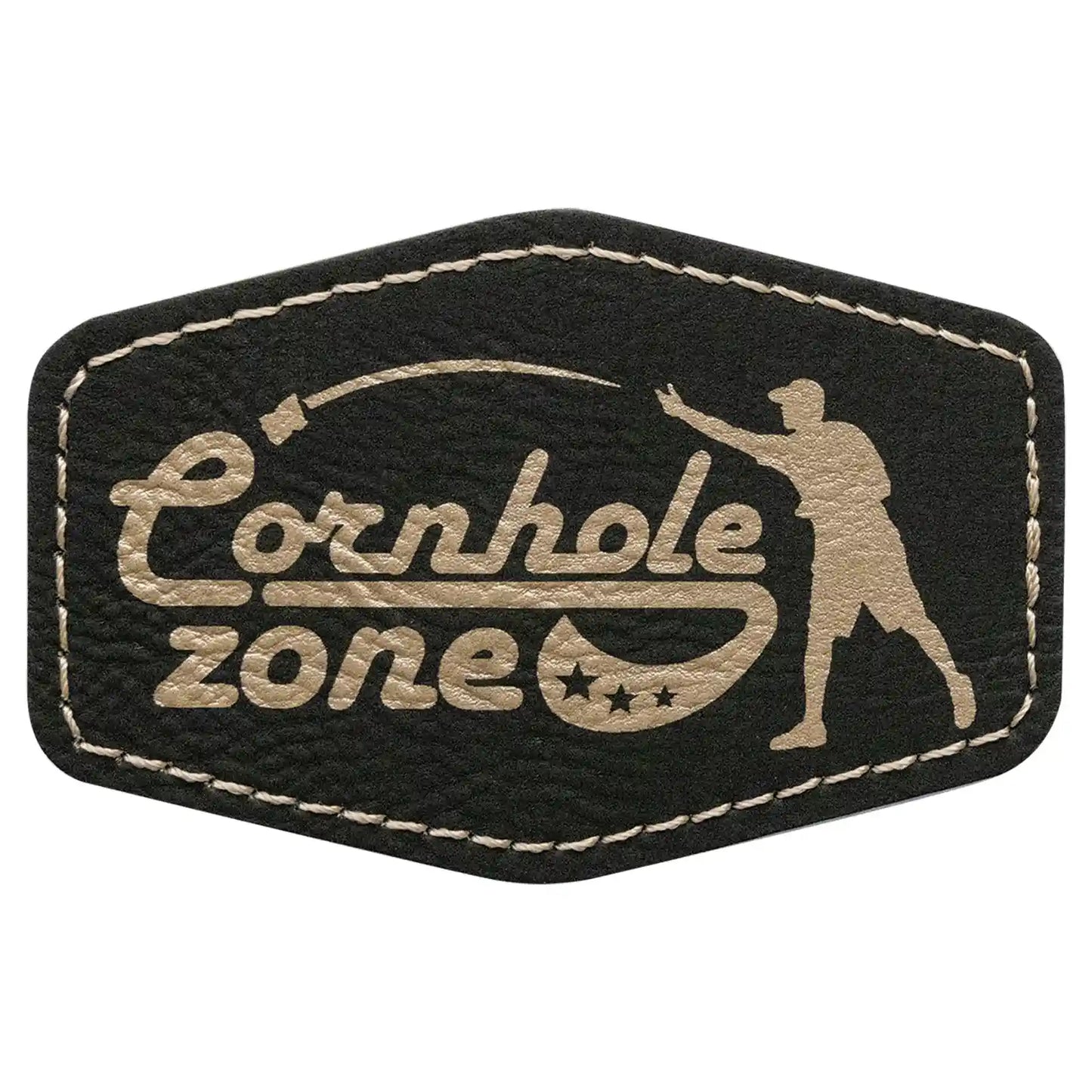Black and beige patch with 'Cornhole Zone' text and silhouette of a person playing cornhole.