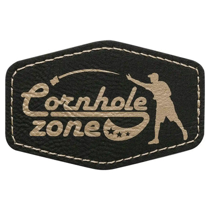 Black and beige patch with 'Cornhole Zone' text and silhouette of a person playing cornhole.