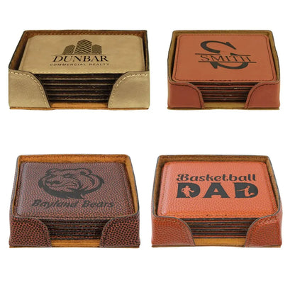 Set of four leather coasters with different designs and text, displayed against a white background.