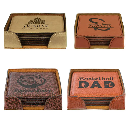 Set of four leather coasters with different designs and text, displayed against a white background.