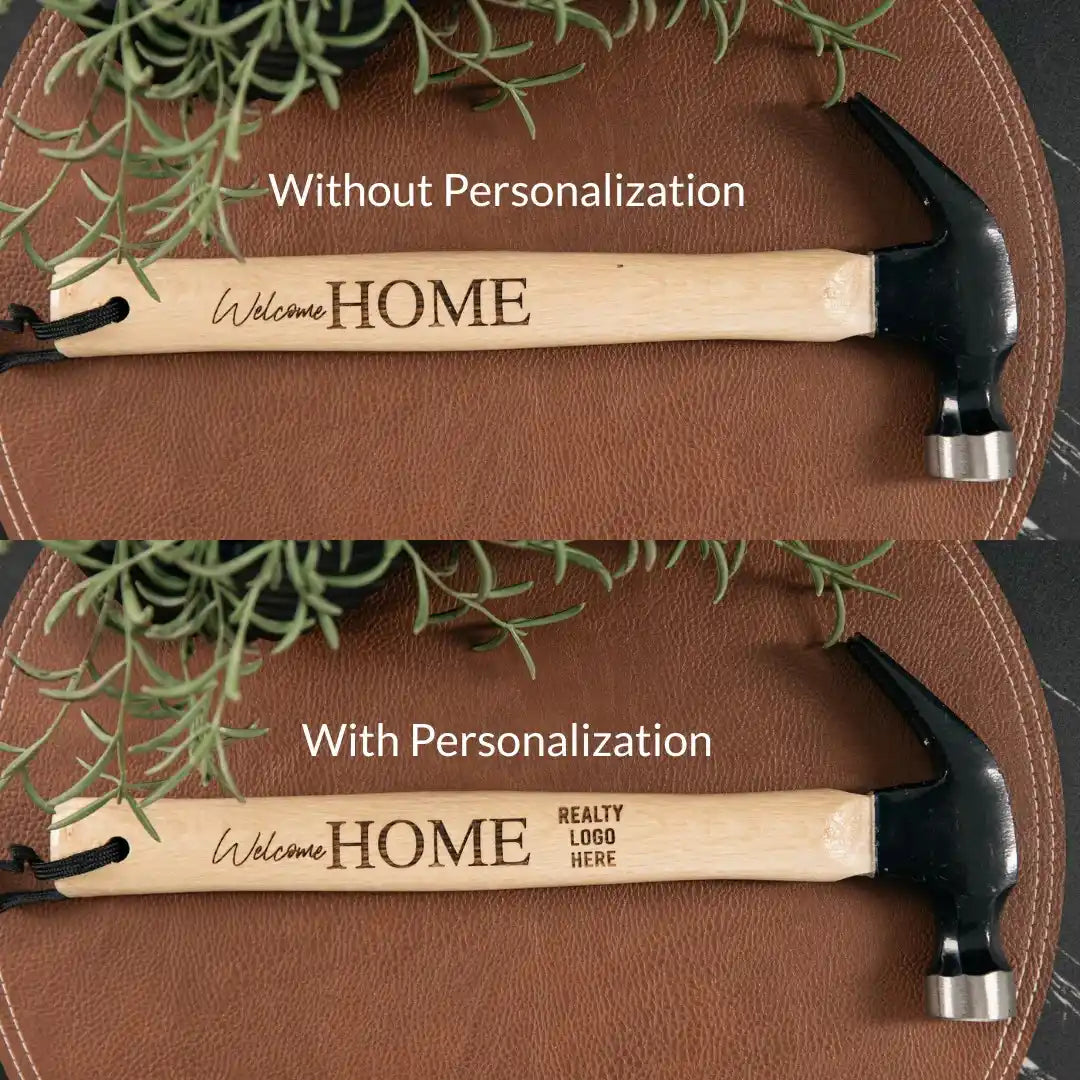 Two hammers with 'Welcome HOME' engraving, one without personalization and one with a placeholder text for personalization.