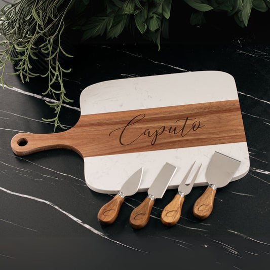 Personalized Marble and Acacia Charcuterie Board with Utensils