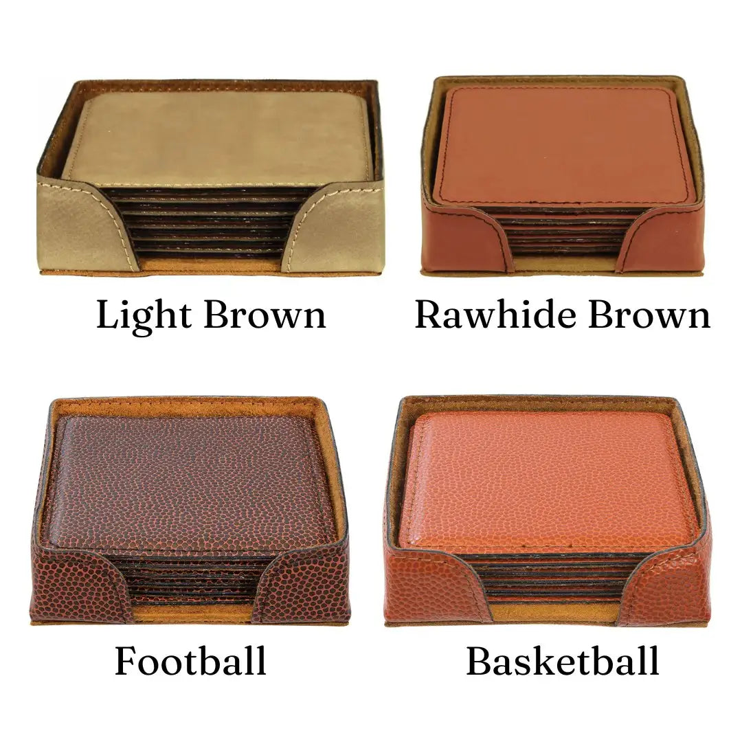 Four leather coasters in different colors with labels on a white background