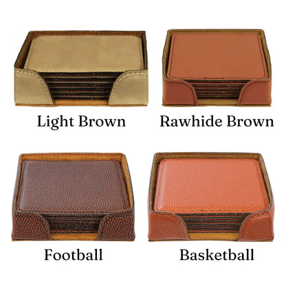 Four leather coasters in different colors with labels on a white background
