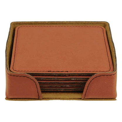 Set of brown leather coasters in a matching holder on a white background