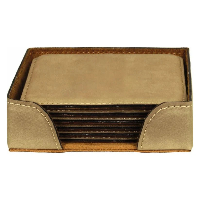 Beige leather coasters with brown trim on a white background