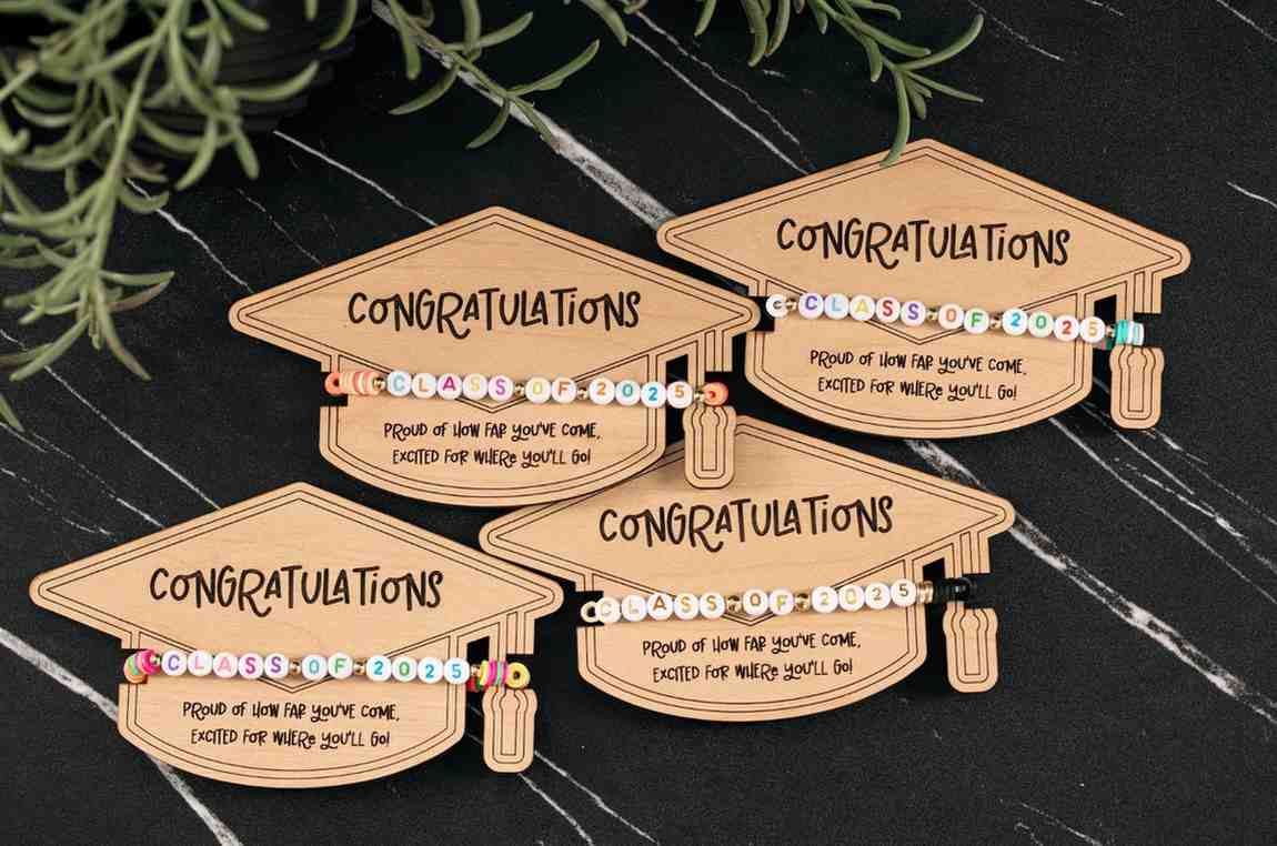 A collection of graduation-themed bracelets in gold and colorful variations, each featuring a graduation cap and the word 'CONGRATULATIONS'.