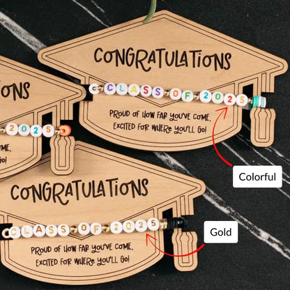 Graduation-themed decorative tags with 'Congratulations Class of 2023' text on a black background.