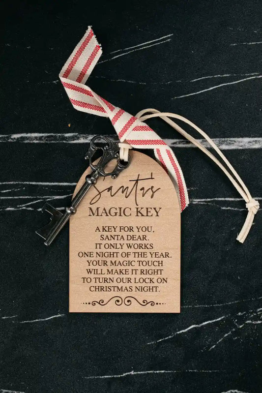 Santa's Magic Key with a tag on a black background